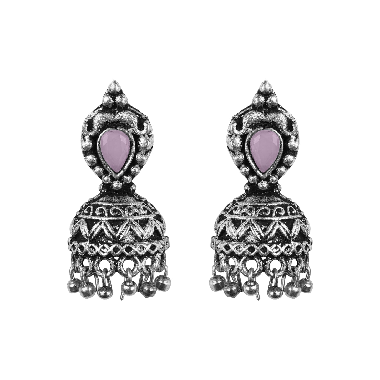 Jharokha stone studded jhumki earring (Baby Pink)