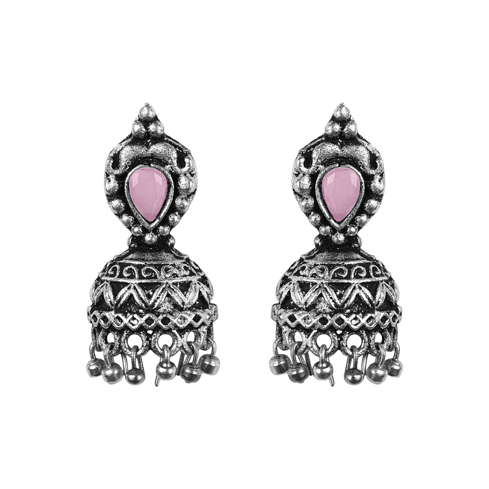 Jharokha stone studded jhumki earring (Baby Pink)
