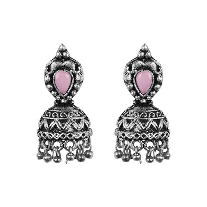 Jharokha stone studded jhumki earring (Baby Pink)