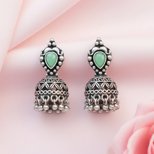 Jharokha stone studded jhumki earring (Pista)