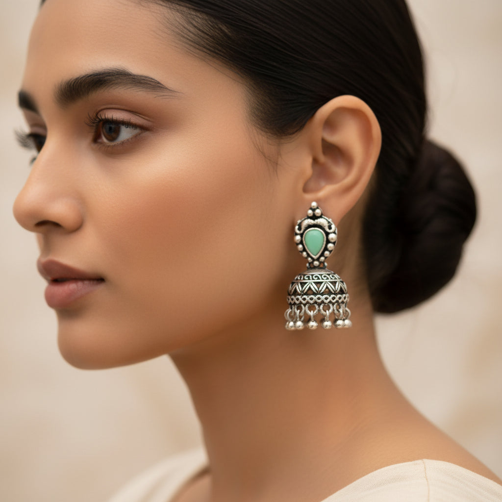 Jharokha stone studded jhumki earring (Pista)