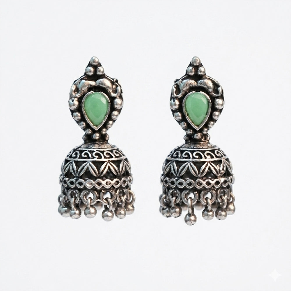 Jharokha stone studded jhumki earring (Pista)
