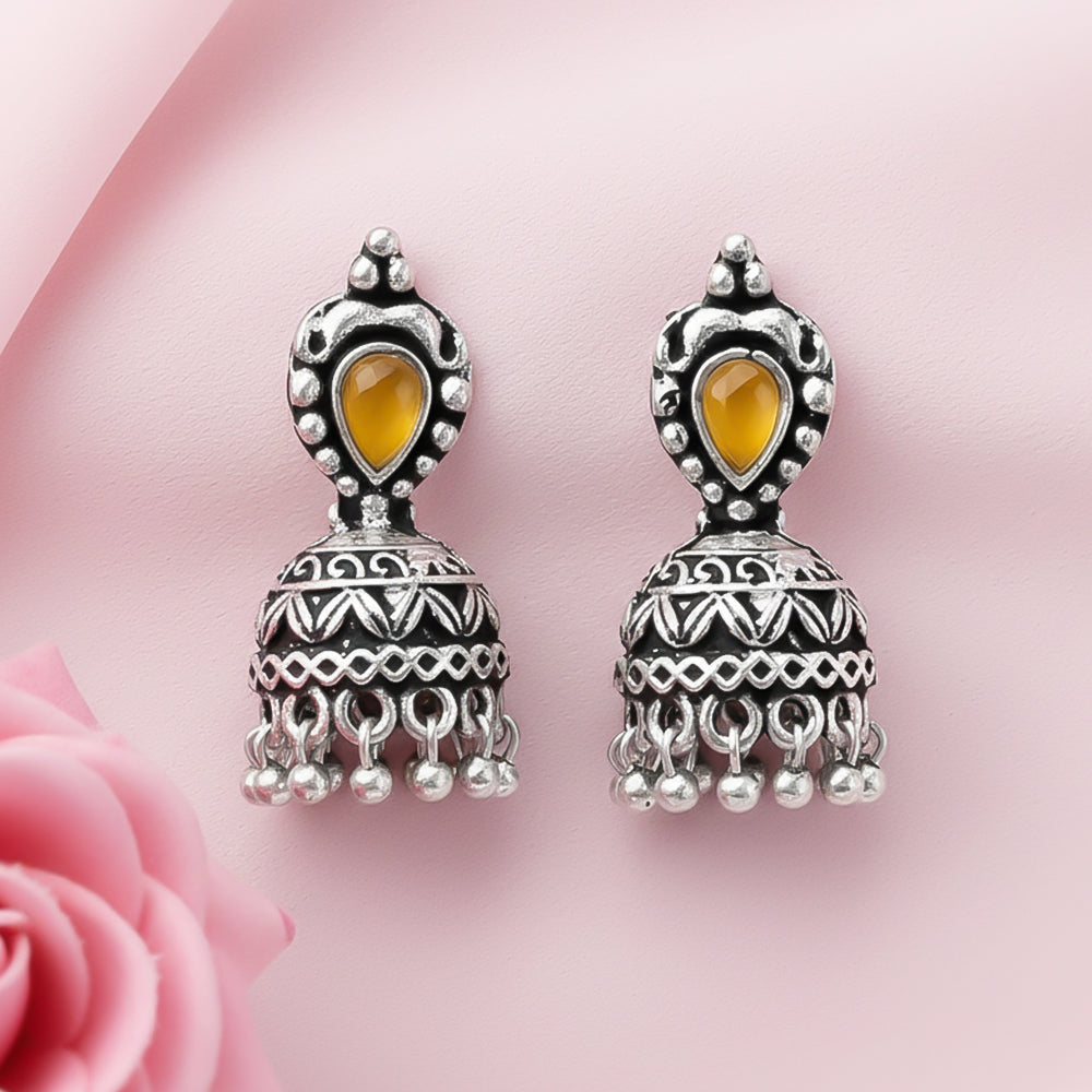 Jharokha stone studded jhumki earring (Yellow)