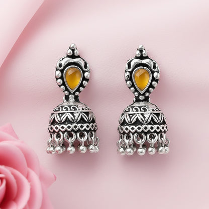 Jharokha stone studded jhumki earring (Yellow)
