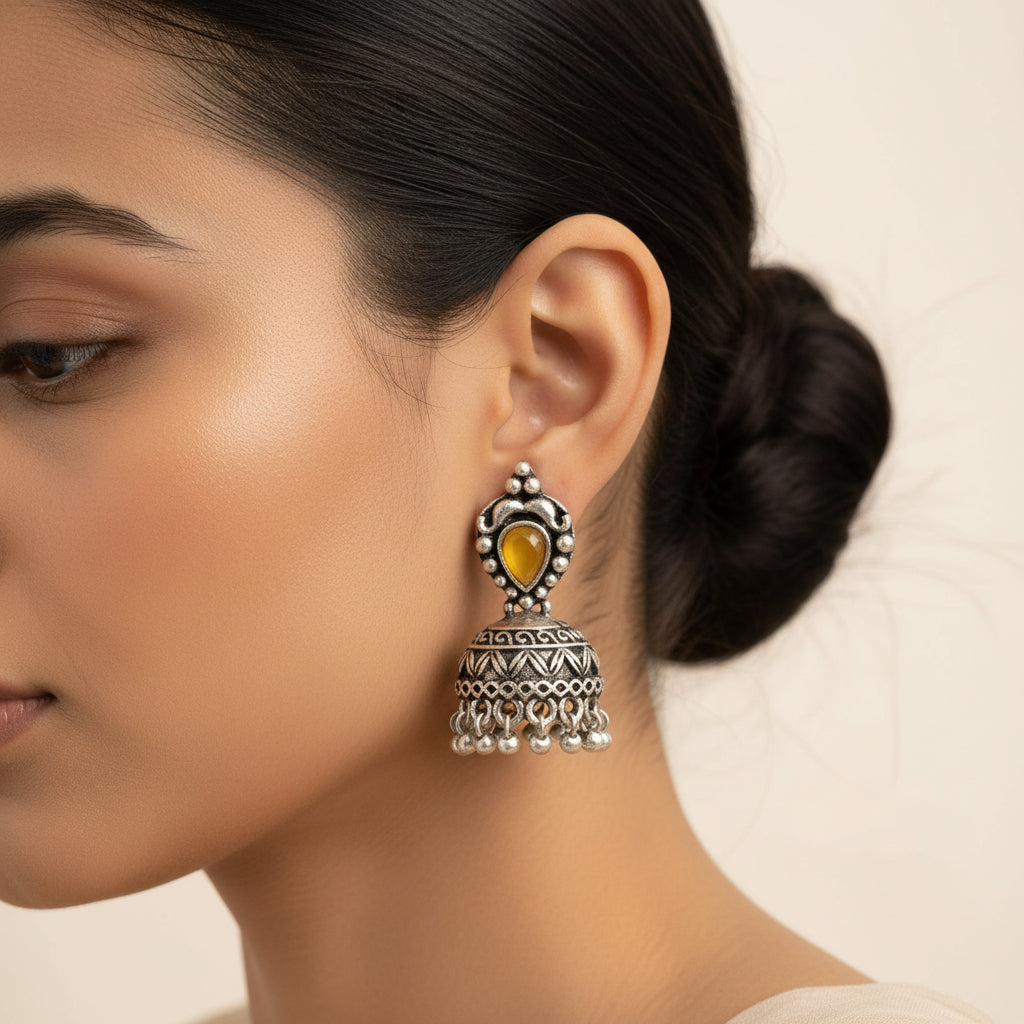 Jharokha stone studded jhumki earring (Yellow)