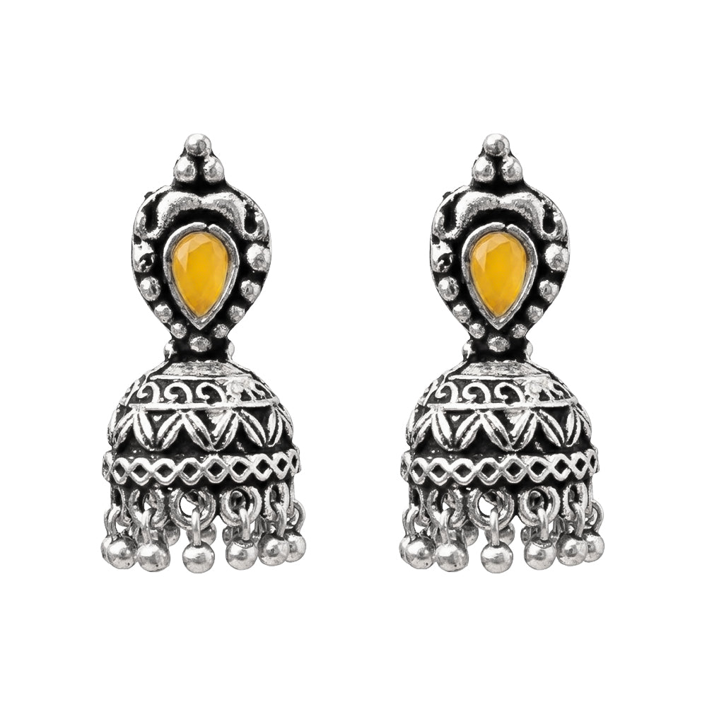Jharokha stone studded jhumki earring (Yellow)