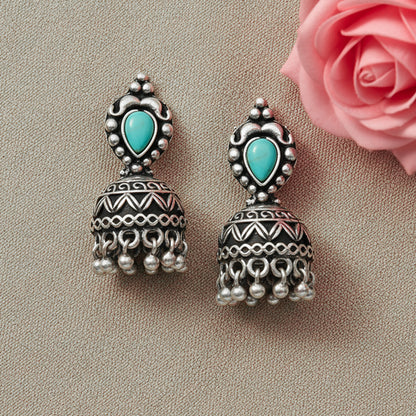 Jharokha stone studded jhumki earring (Sky Blue)