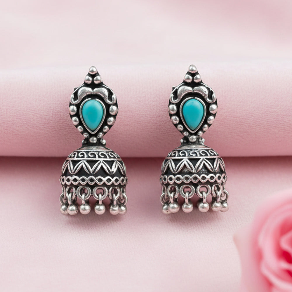 Jharokha stone studded jhumki earring (Sky Blue)