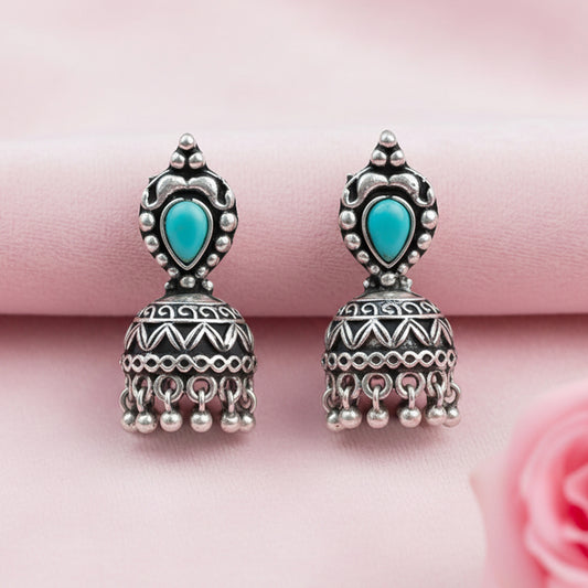 Jharokha stone studded jhumki earring (Sky Blue)