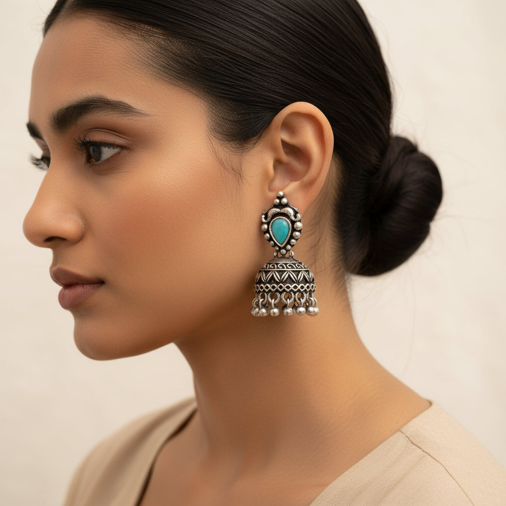 Jharokha stone studded jhumki earring (Mint)
