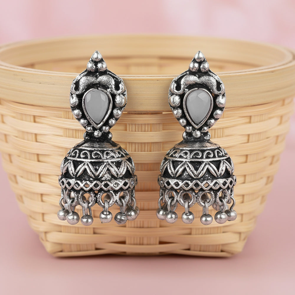 Jharokha stone studded jhumki earring (Grey)