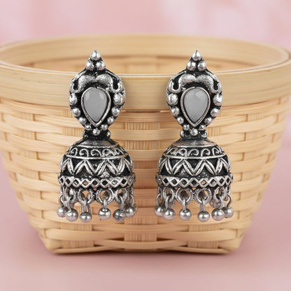 Jharokha stone studded jhumki earring (Grey)