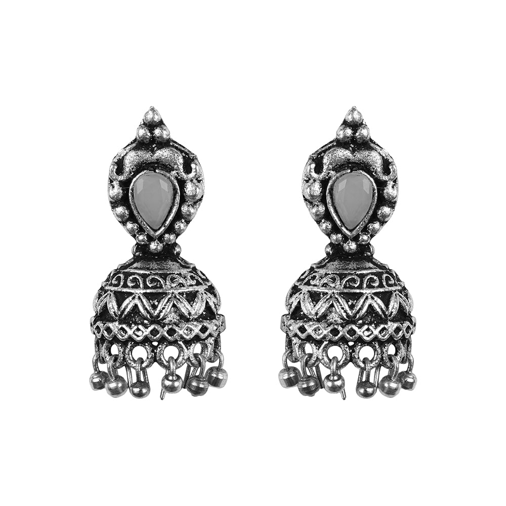 Jharokha stone studded jhumki earring (Grey)