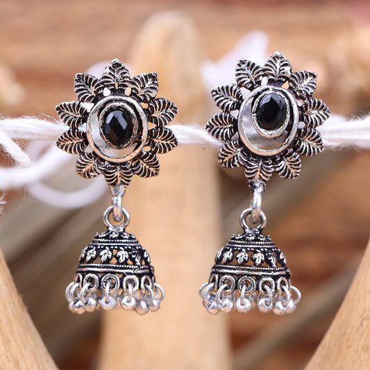 Stone studded floral jhumki earrings (Black)