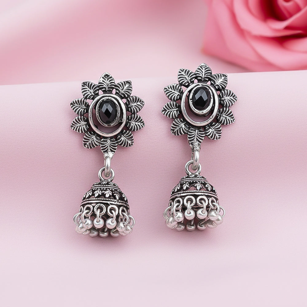 Stone studded floral jhumki earrings (Black)