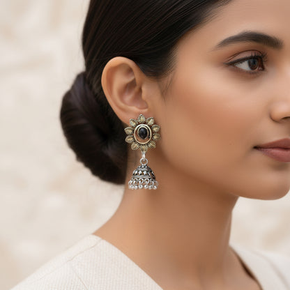 Stone studded floral jhumki earrings (Black)