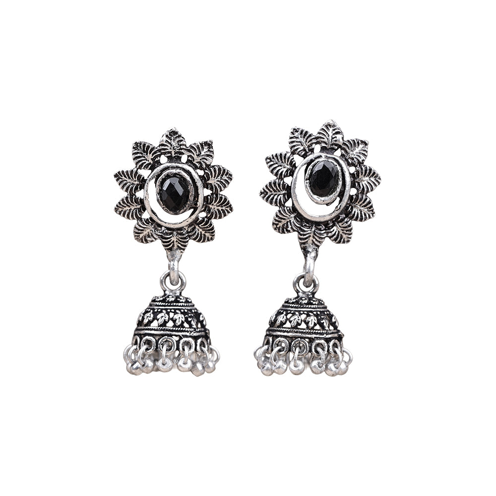Stone studded floral jhumki earrings (Black)