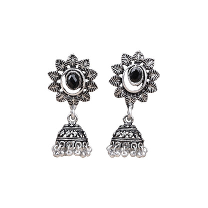 Stone studded floral jhumki earrings (Black)
