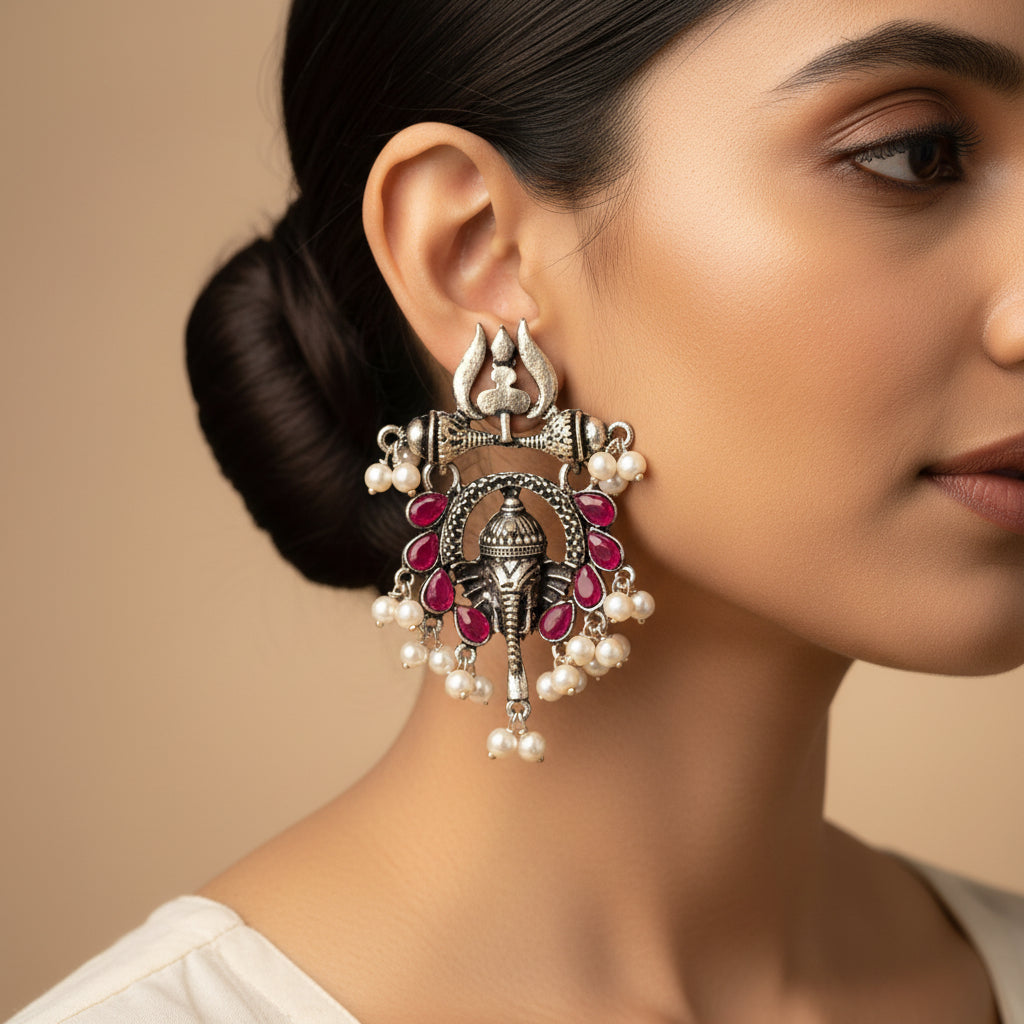 Sacred Sparkle pearl dangler earrings (Red)