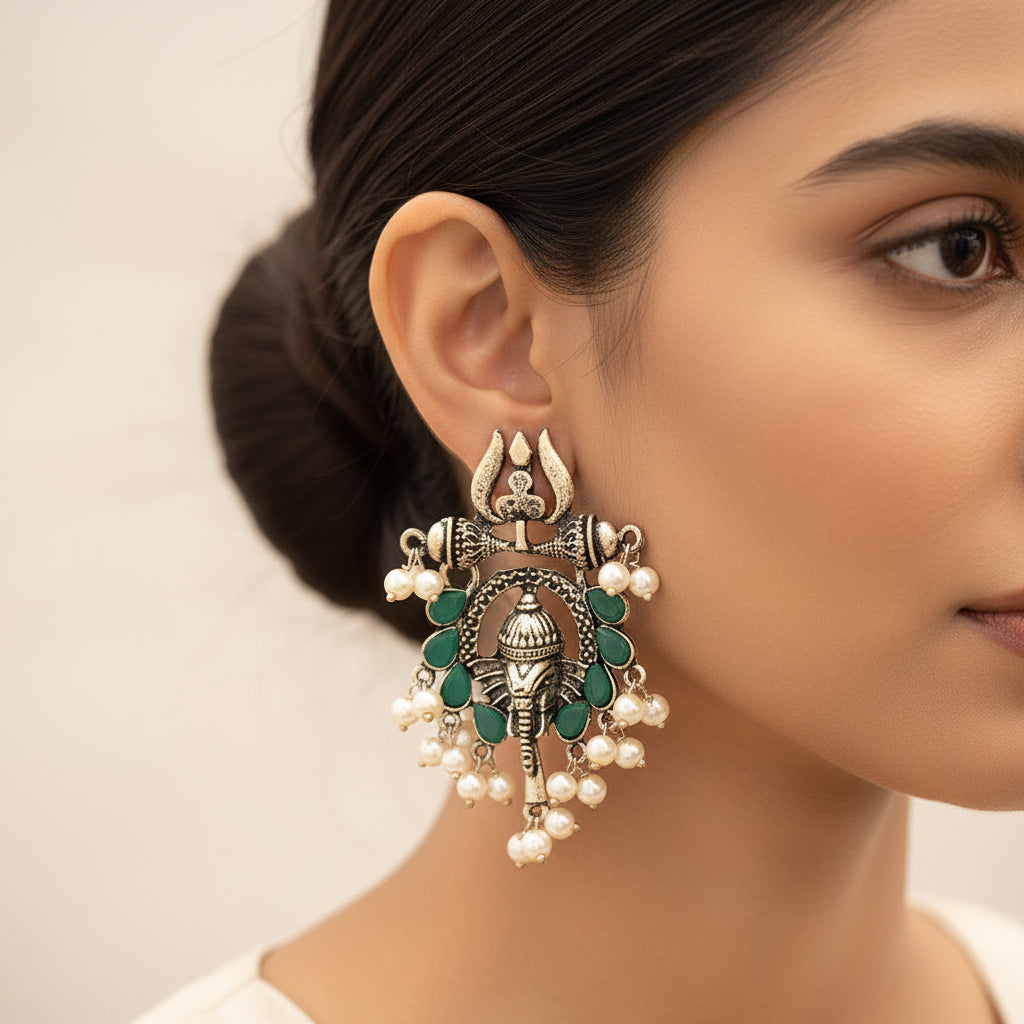Sacred Sparkle pearl dangler earrings (Green)