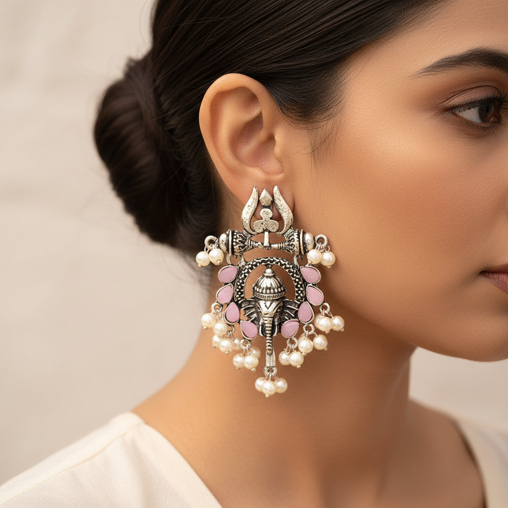 Sacred Sparkle pearl dangler earrings (Baby Pink)