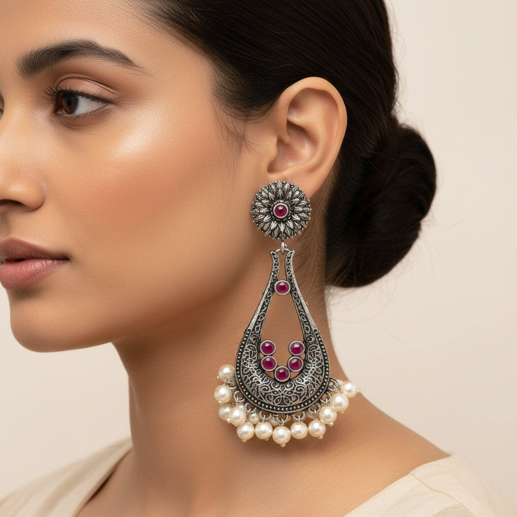 Shine Drop pearl dangler earring (Dark Red)