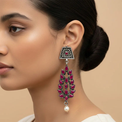 Kalash Kamal earring  Precious Petal stone studded dangler earring (Red) Combo