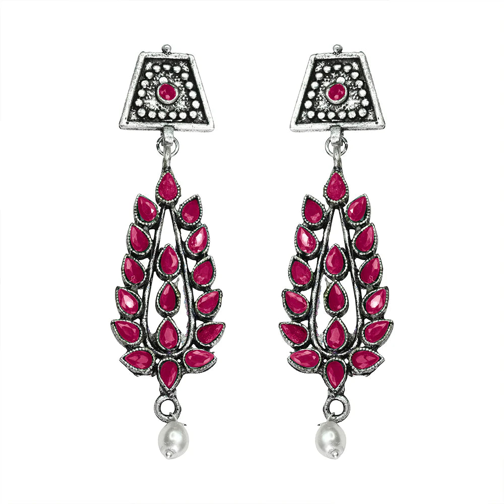 Royal Triple Bell Layered Jhumka Earring (Black) Precious Petal stone studded dangler earring (Red) Combo set