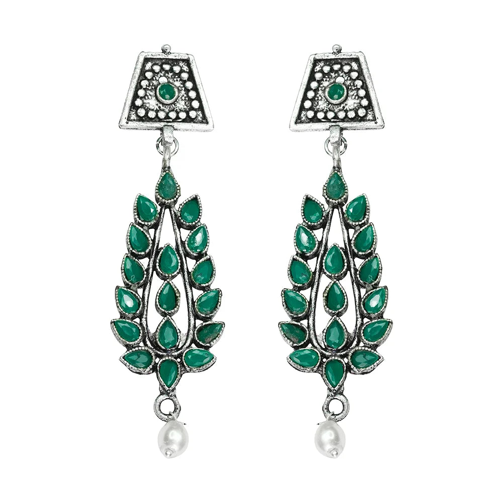 Carved Charm Dangler earrings (White) Precious Petal stone studded dangler earring (Green) Combo set