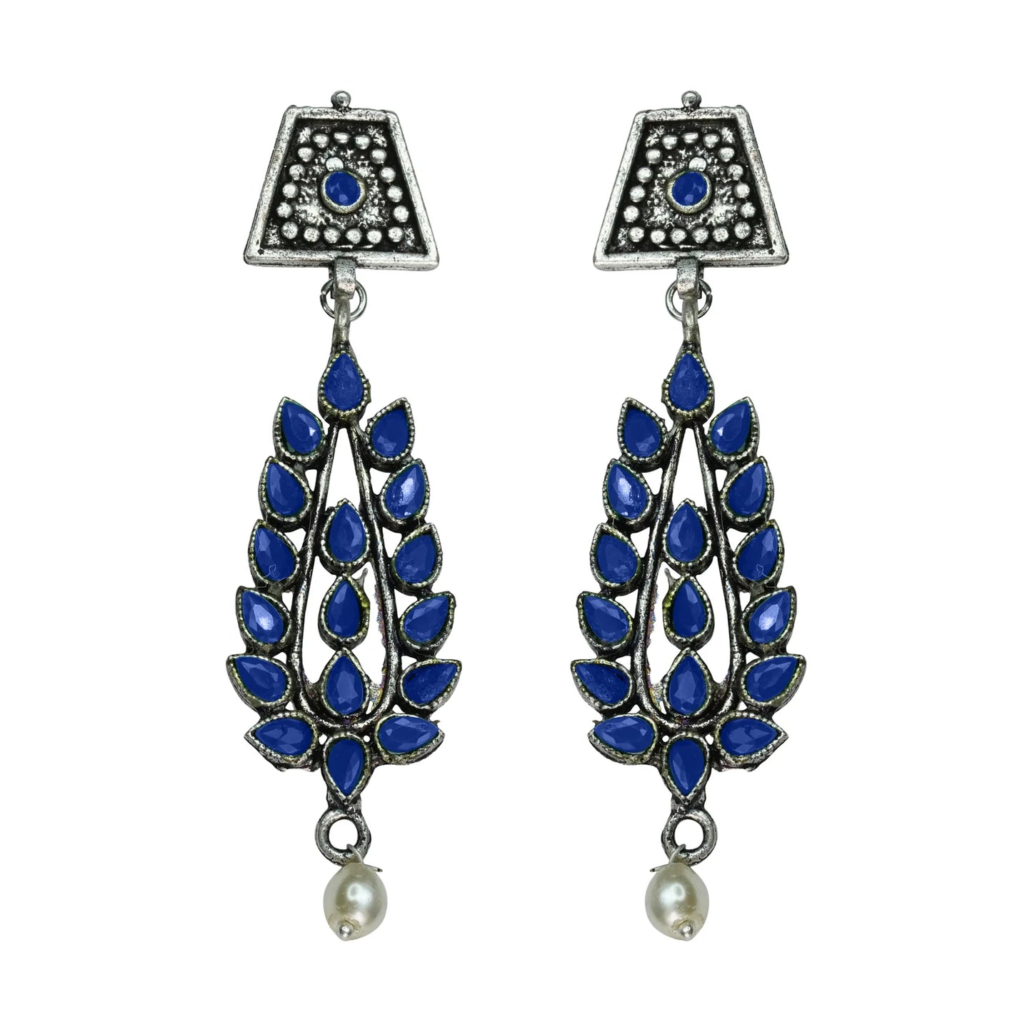 Royal Triple Bell Layered Jhumka Earring (Black) Precious Petal stone studded dangler earring (Blue) Combo set