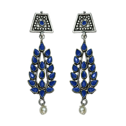 Royal Triple Bell Layered Jhumka Earring (Black) Precious Petal stone studded dangler earring (Blue) Combo set