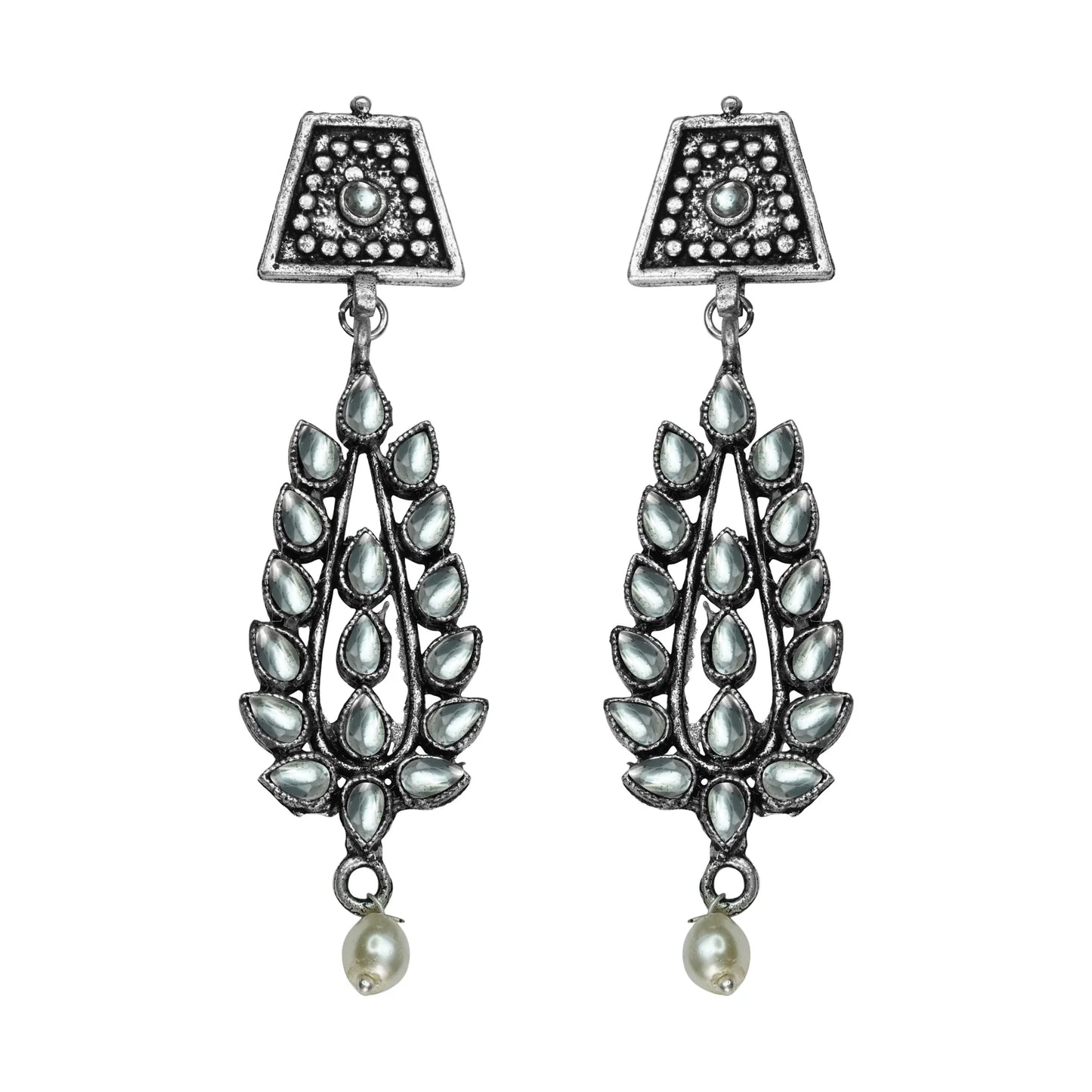 Royal Triple Bell Layered Jhumka Earring (Black) Precious Petal stone studded dangler earring (White) Combo set