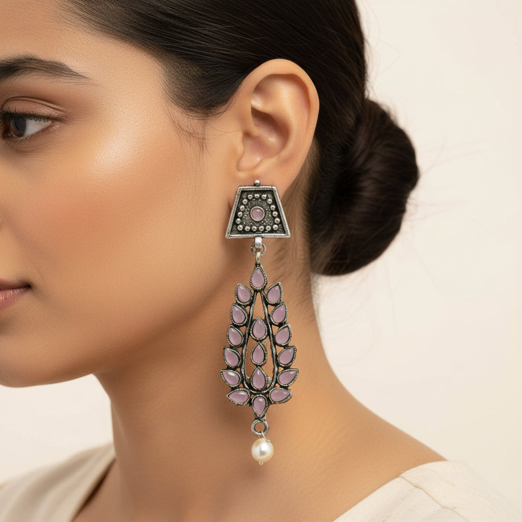Kalash Kamal Jhumka earring (Light Orange)&Precious Petal stone studded dangler earring (Baby Pink) Combo set