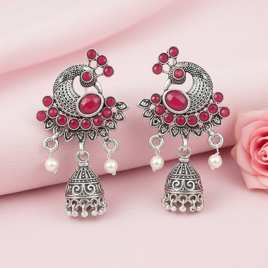 Peacock prestine stone studded jhumki earrings (Red)