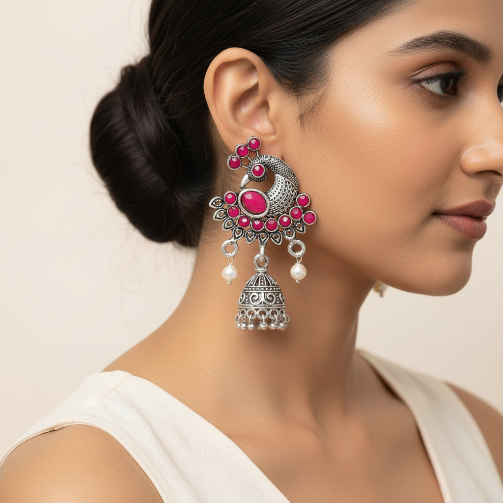 Peacock prestine stone studded jhumki earrings (Red)
