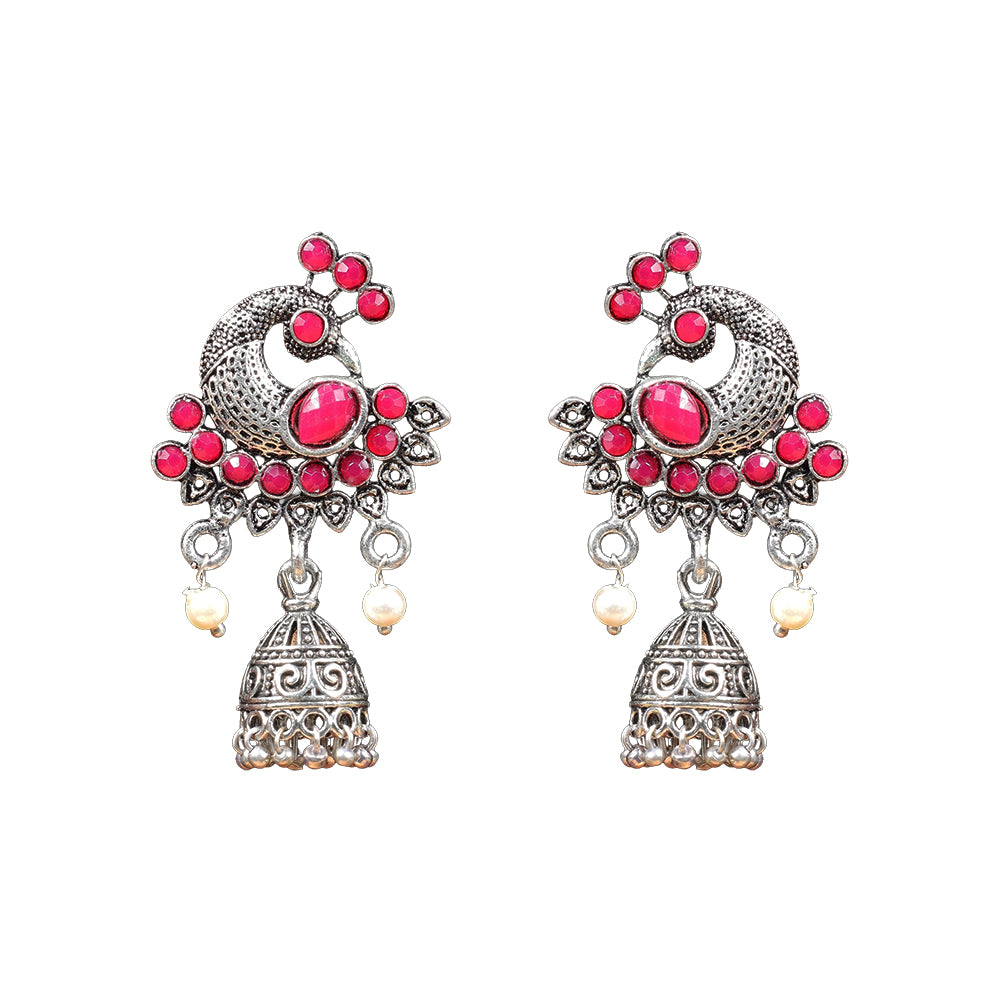 Peacock prestine stone studded jhumki earrings (Red)