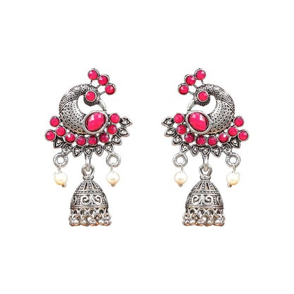 Peacock prestine stone studded jhumki earrings (Red)
