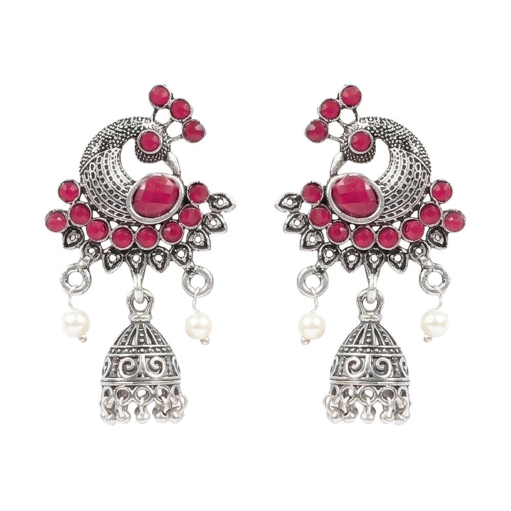 Peacock prestine stone studded jhumki earrings (Red)