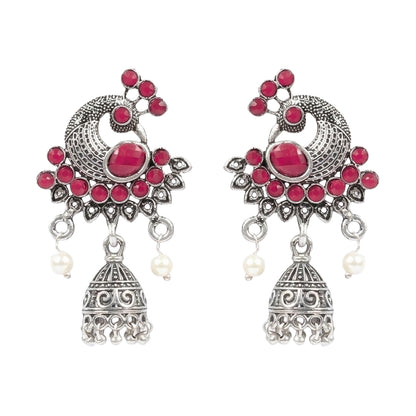 Peacock prestine stone studded jhumki earrings (Red)