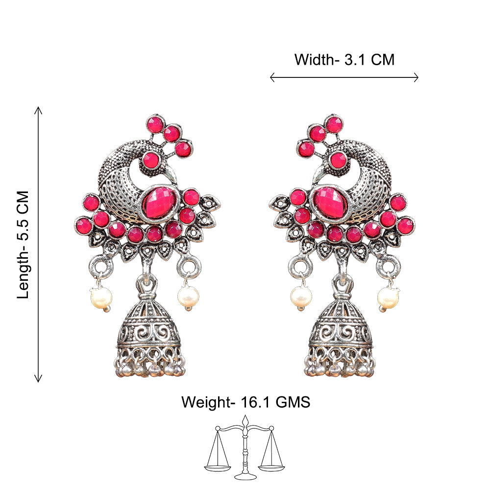 Peacock prestine stone studded jhumki earrings (Red)