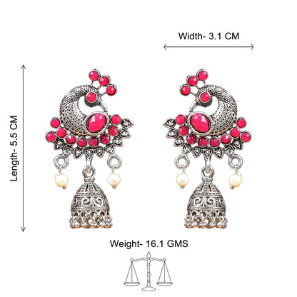 Peacock prestine stone studded jhumki earrings (Red)