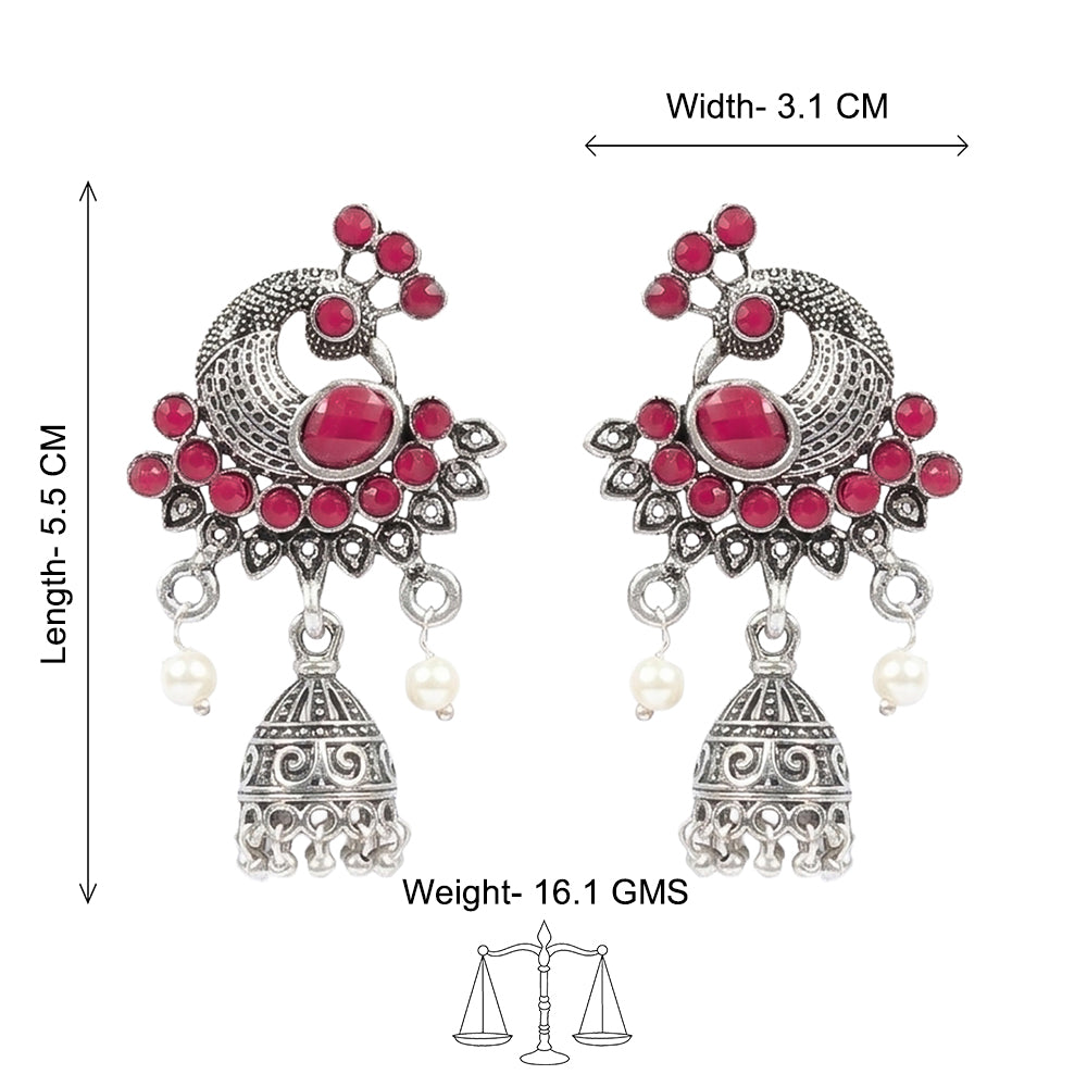 Peacock prestine stone studded jhumki earrings (Red)