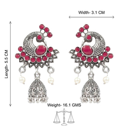 Peacock prestine stone studded jhumki earrings (Red)