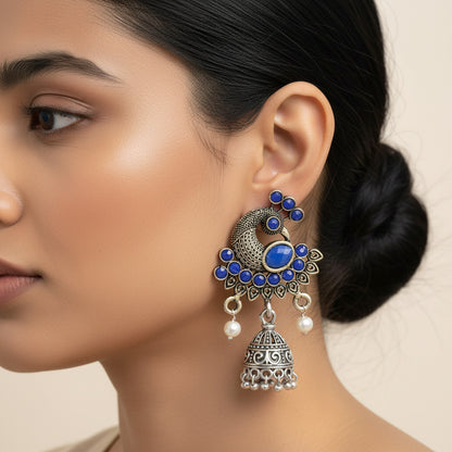Peacock prestine stone studded jhumki earrings (Blue)