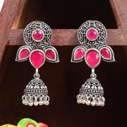 Blush Petals stone studded jhumki earrings (Red)