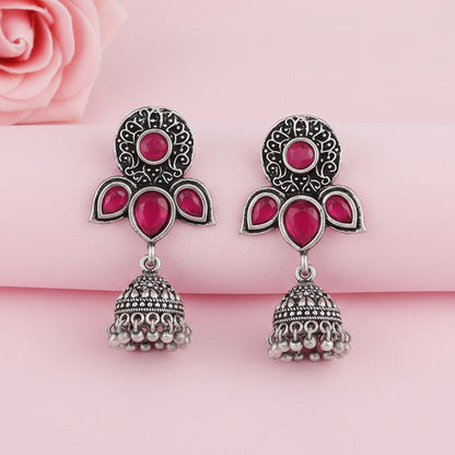 Blush Petals stone studded jhumki earrings (Red)