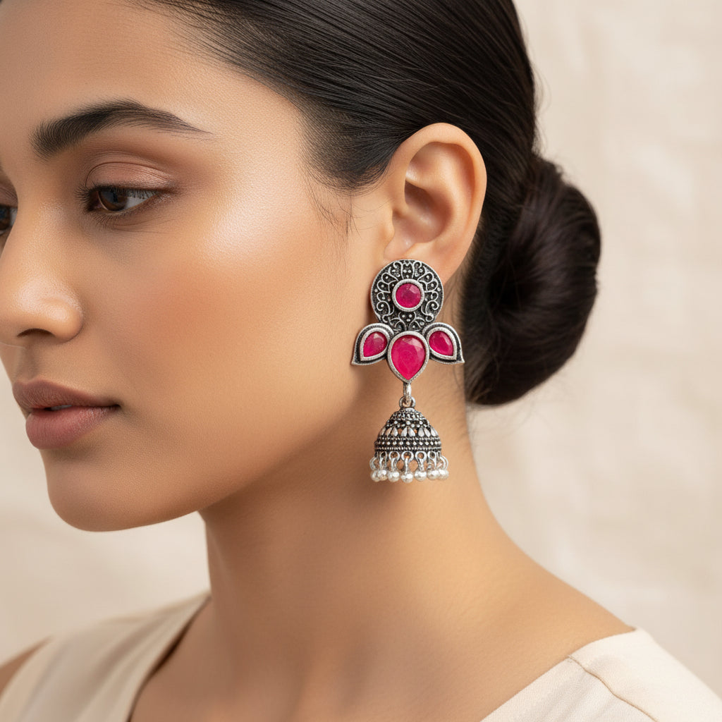 Blush Petals stone studded jhumki earrings (Red)