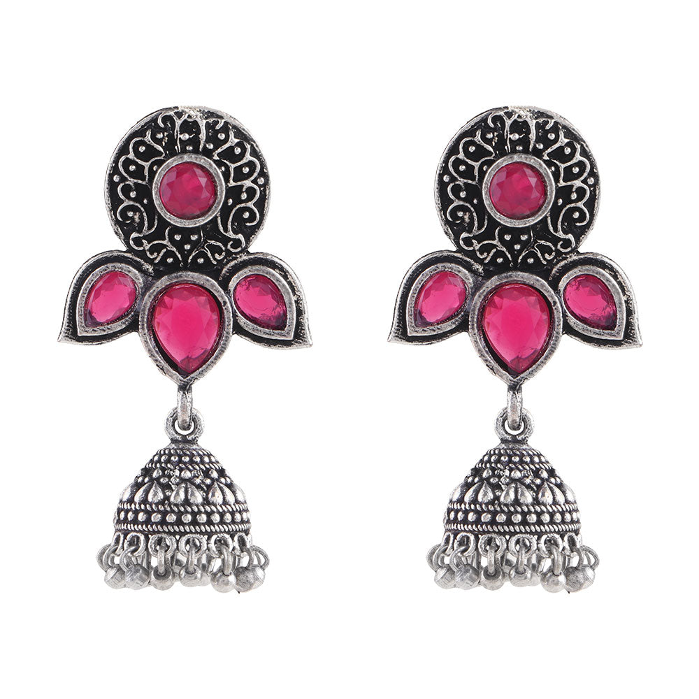 Blush Petals stone studded jhumki earrings (Red)