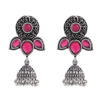Blush Petals stone studded jhumki earrings (Red)