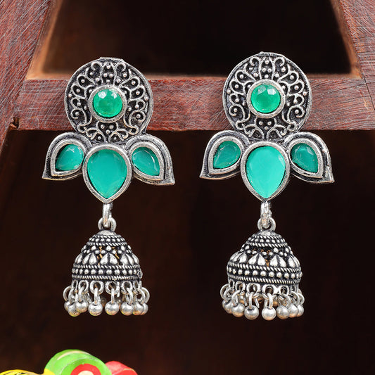 Blush Petals stone studded jhumki earrings (Green)